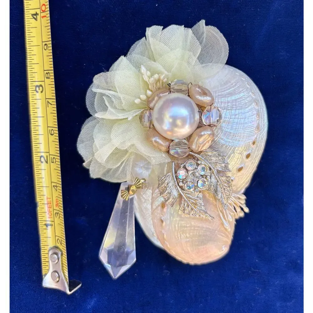 3.5 in Vintage Mother of Pearl Brooch Pin Crystal Rhinestone Embellishment New